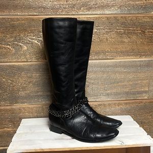 Davos Gomma Italy Black Leather Tall Moto Boots with Chain Size 6.5